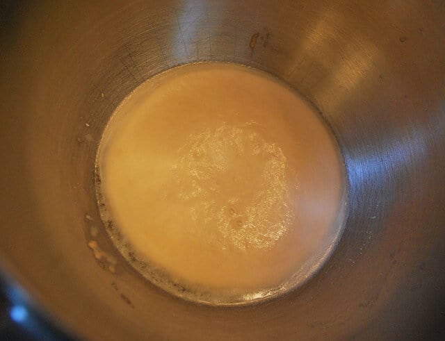 An in process image showing the yeast after it has proofed and is very bubbly.