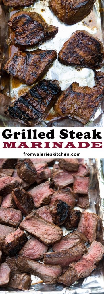 Two images of grilled steak with text.