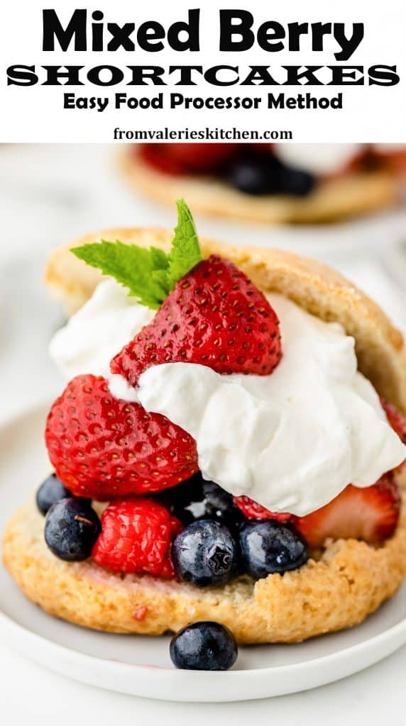 A shortcake stuffed with berries and whipped cream with text overlay.