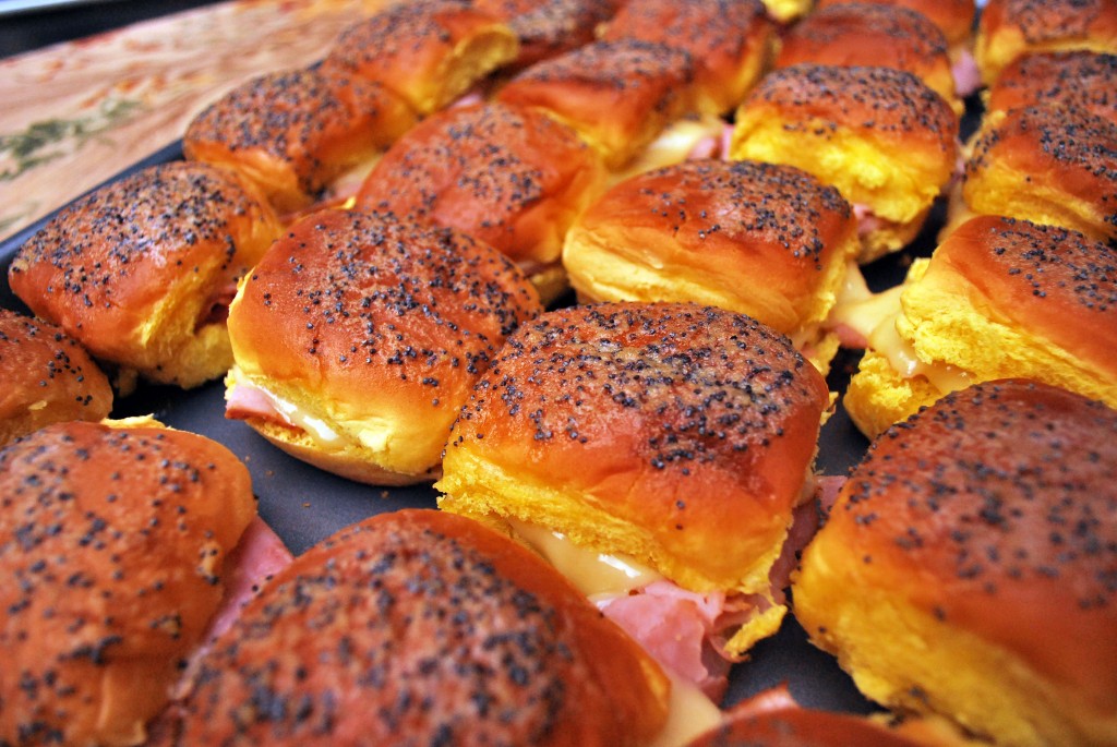 A baking sheet filled with Ham and Cheese Sliders.