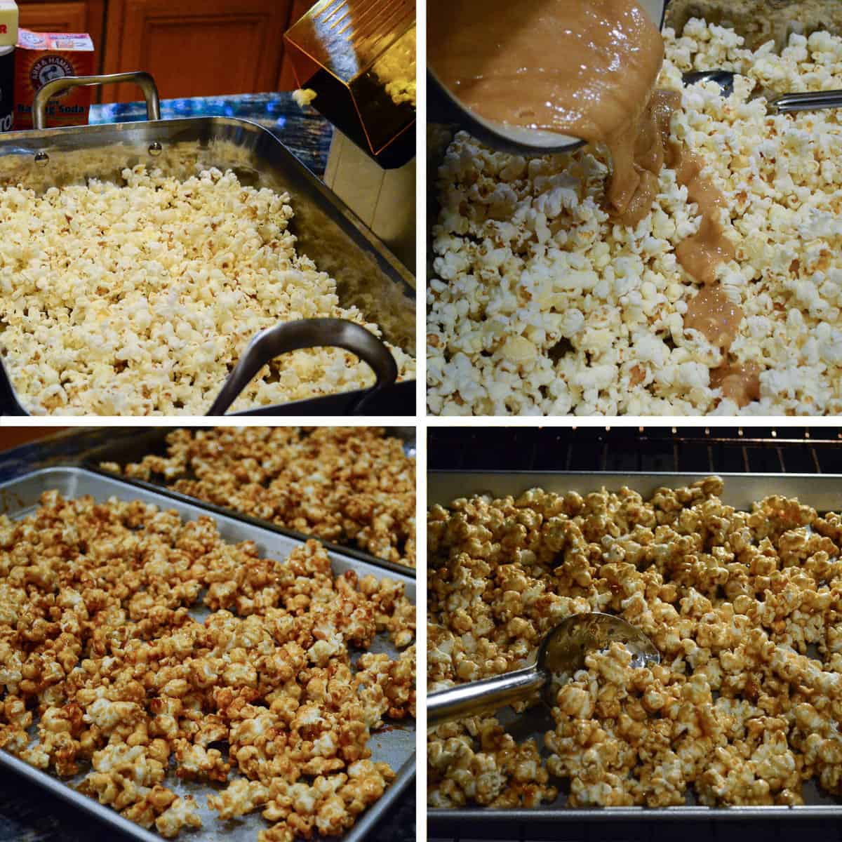 Corn being popped into a large roasting pan, it's coated with a caramel mixture and baked on a baking sheet.