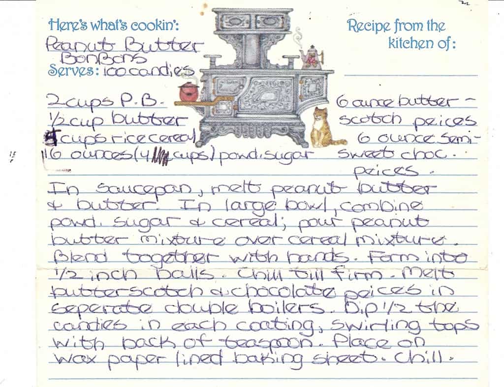The original recipe for the bon bons hand-written on an old recipe card.