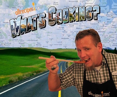 A picture of Michael Kethcum eating something off a spoon with overlay text Allrecipes.com What's Cooking.