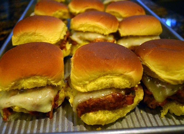 Barbecue Chicken Sliders on a rimmed baking sheet.