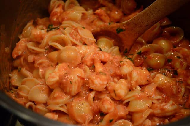 A close up view of the Orecchiette with Shrimp in a Vodka Sauce.