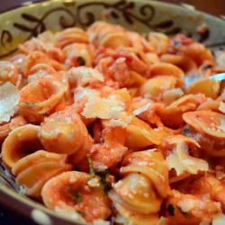 A bowl of orichette with shrimp.