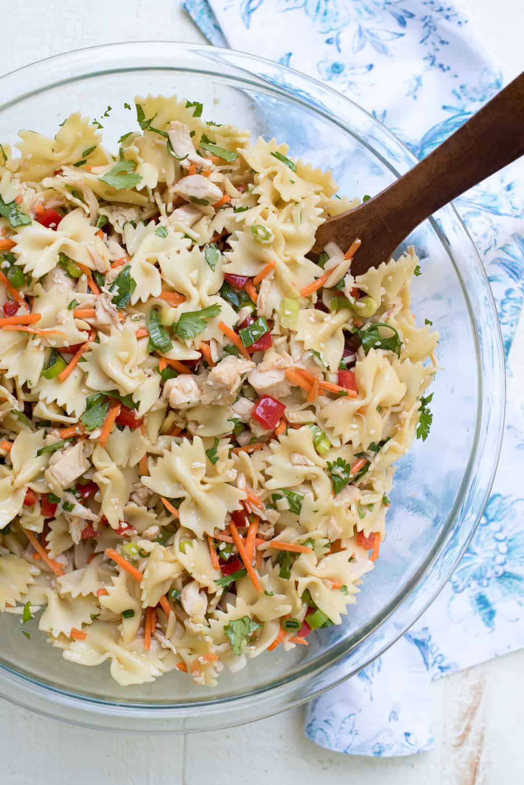 A bowl of asian pasta salad.