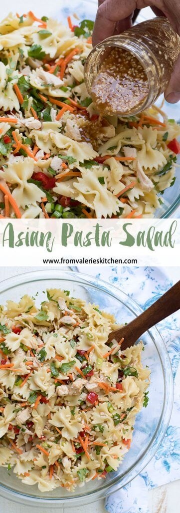 A two image vertical collage of Asian Pasta Salad with overlay text.