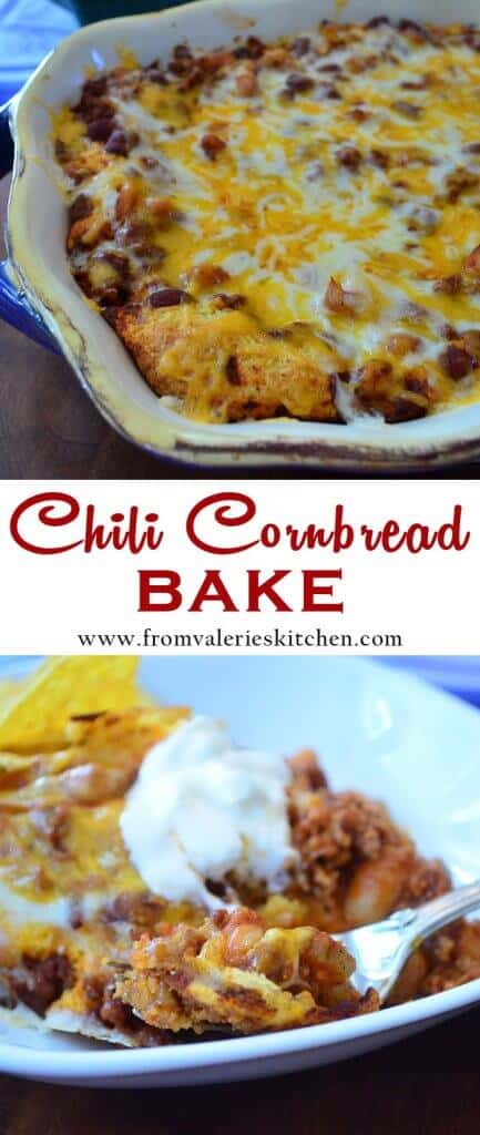 Two images of chili cornbread bake with text.