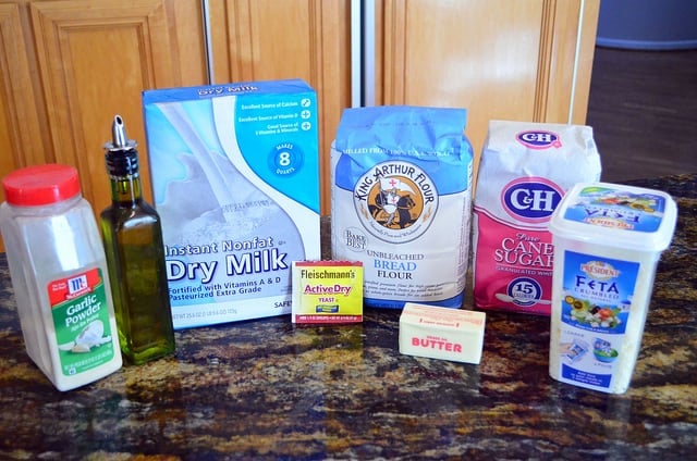 The bread ingredients arranged on a counter top.