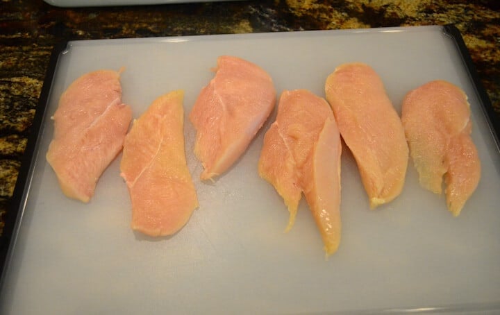 6 halves of chicken breast that have been cut in half down the center.