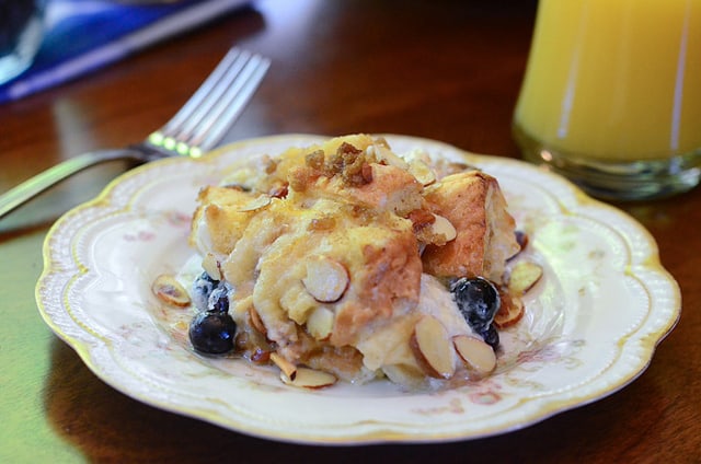Blueberry Almond French Toast Bake on a china plate.