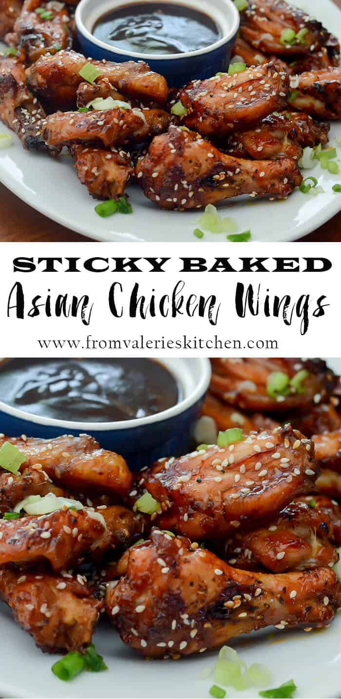 A two image vertical collage of Sticky Baked Asian Chicken Wings with text overlay.