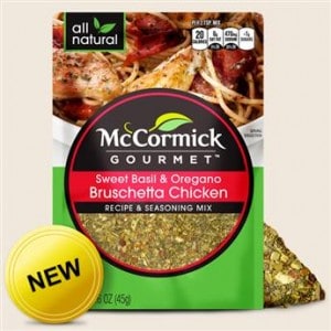 A package of McCormick Sweet Basil & Oregano Bruschetta Chicken seasoning mix.