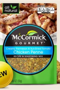A packet of McCormick Gourmet Chicken Penne Seasoning Mix.