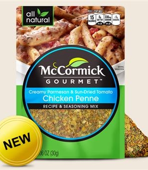 A packet of McCormick Gourmet Chicken Penne Seasoning Mix.