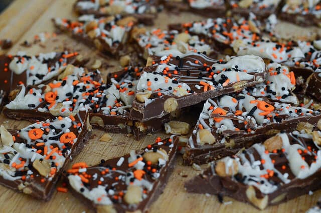 Pumpkin Spice Chocolate Bark on a wood board.