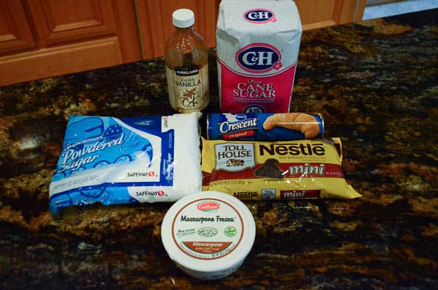 All the ingredients required to make Chocolate Mascarpone Crescents.