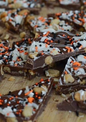 Pumpkin Spice Chocolate Bark on a wood board.