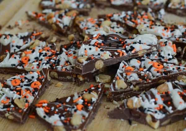 Pumpkin Spice Chocolate Bark on a wood board.