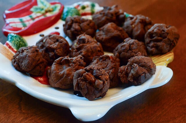 Chocolate Pecan Cookies on a cute snowman plate.