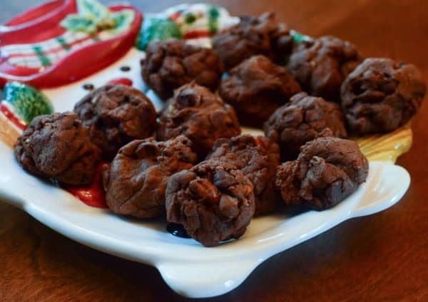 Chocolate Pecan Cookies on a cute snowman plate.
