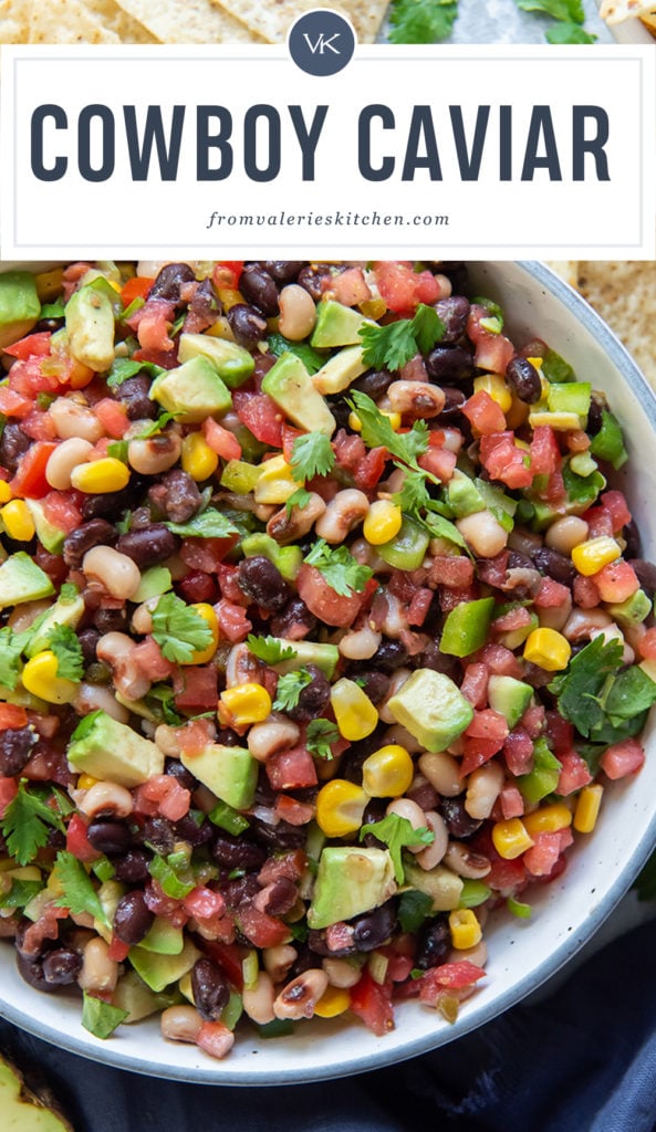 A close up of Cowboy Caviar in a bowl with overlay text.