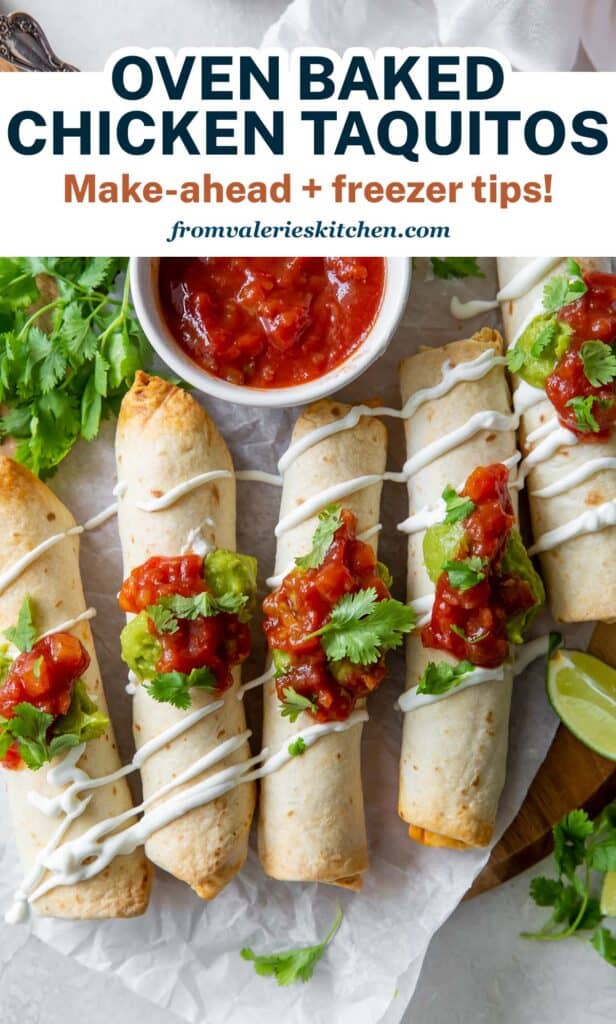 Chicken taquitos on a board with salsa with text overlay.