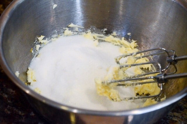 Sugar is added to the butter mixture.