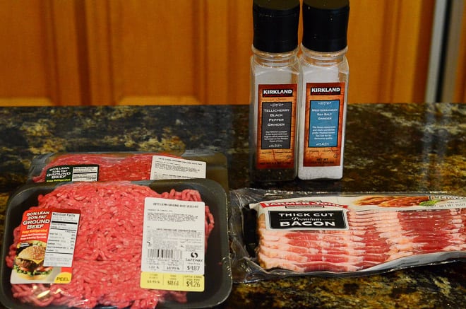 Stout & Sriracha Barbecue Bacon Burgers ingredients - ground beef, bacon, salt, and pepper.