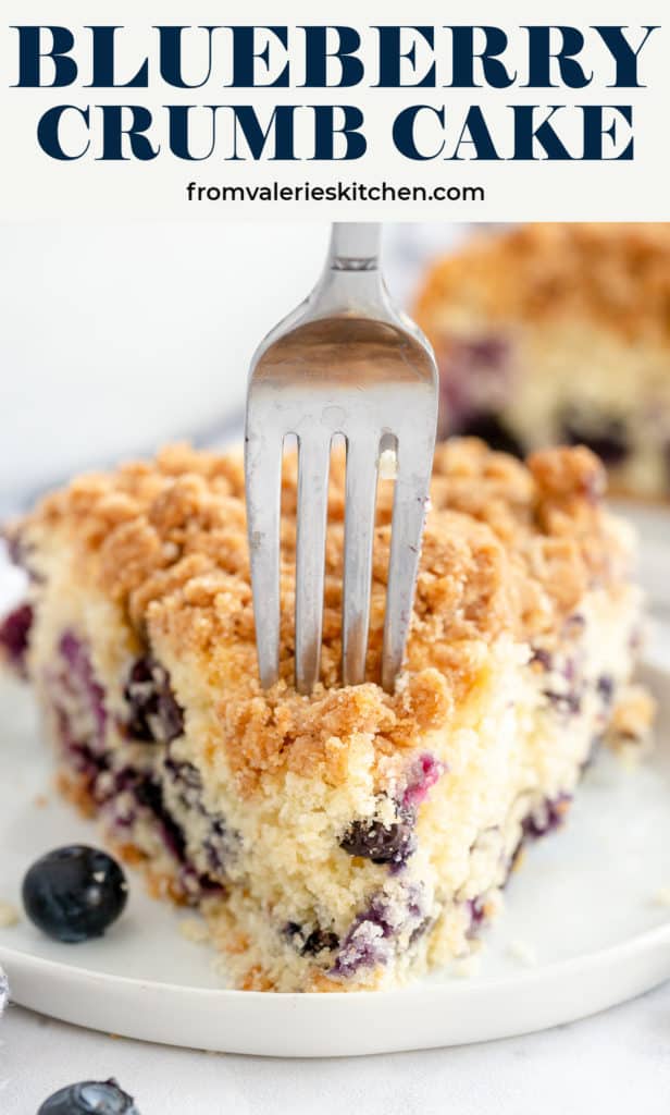 A fork presses into a slice of Blueberry Crumb Cake with text overlay.