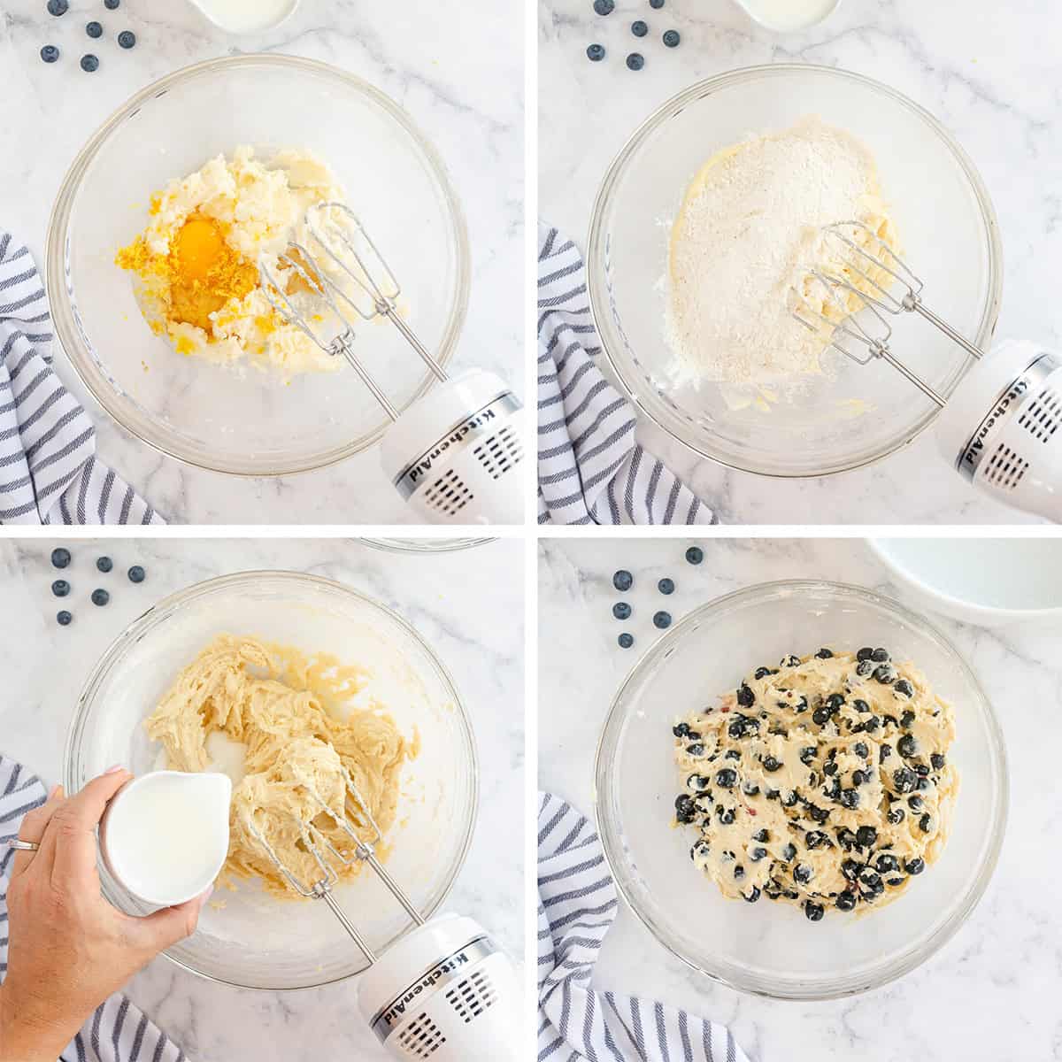 Four images showing blueberry crumb cake batter being mixed in a bowl.