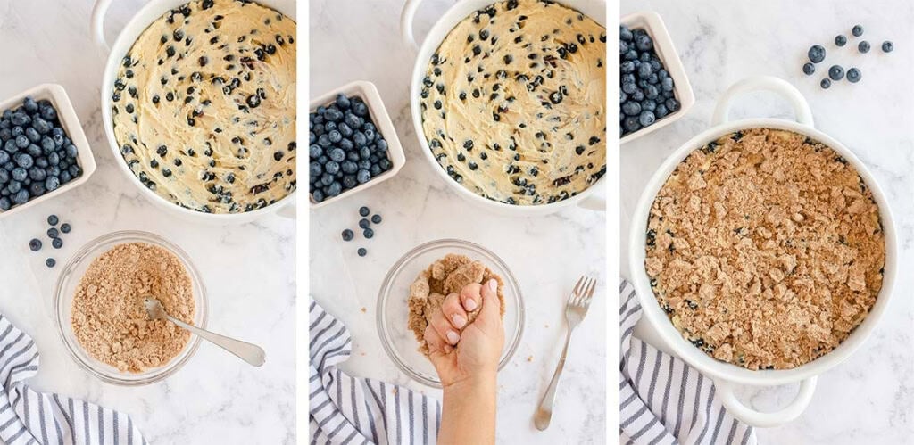 Three images showing a crumb topping mixture in a bowl, being pressed in a hand, and on top of a crumb cake in a white baking dish.