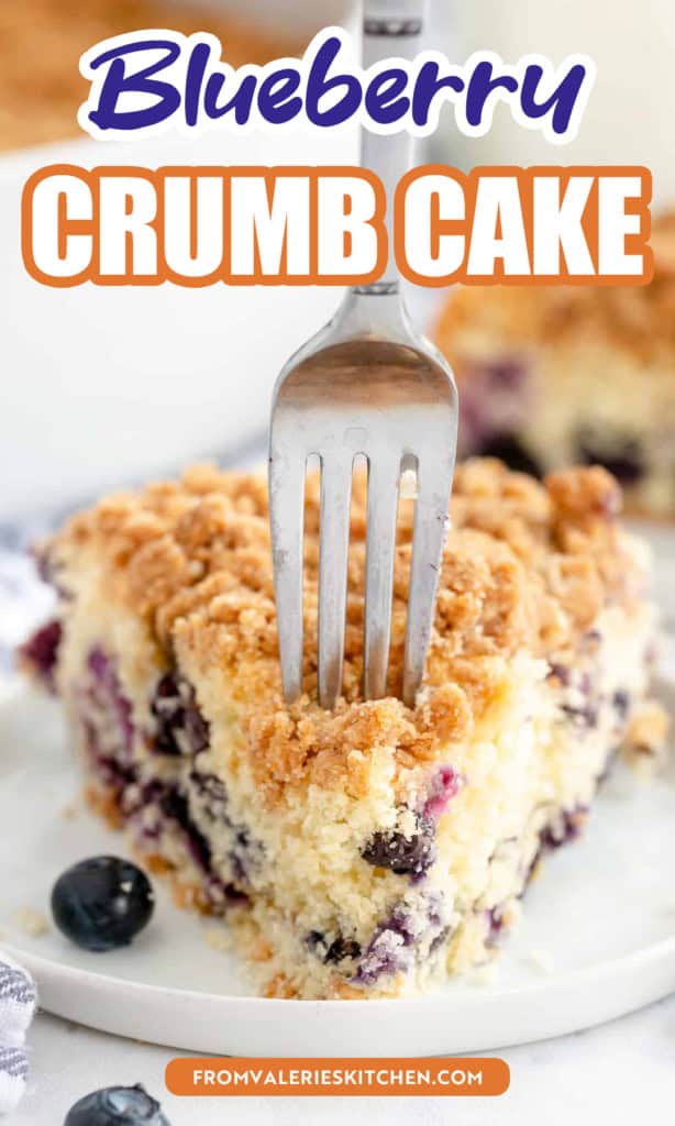 A fork pressing into a slice of blueberry crumb cake on a white plate with text overlay.