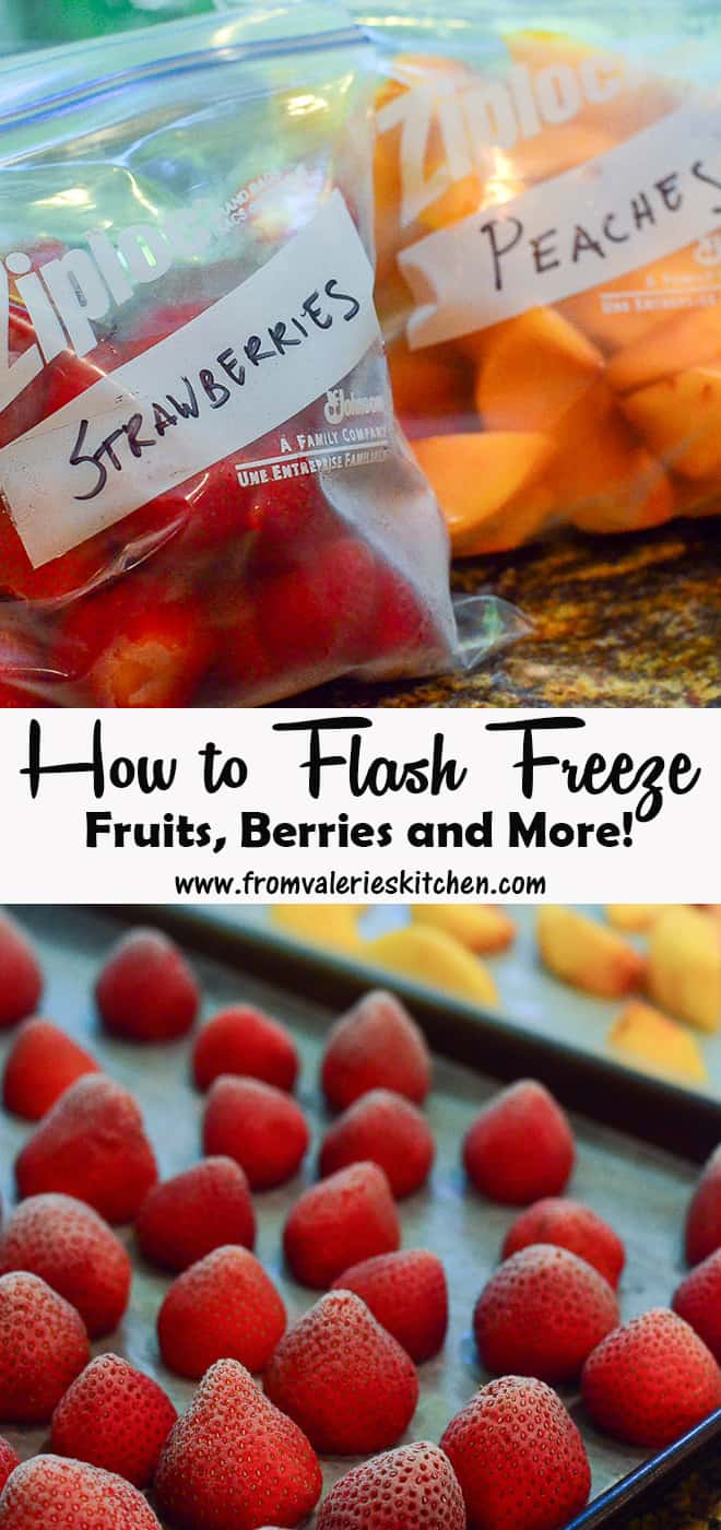 A two image vertical collage of frozen fruit in plastic bags and frozen fruit on baking sheets with overlay text.