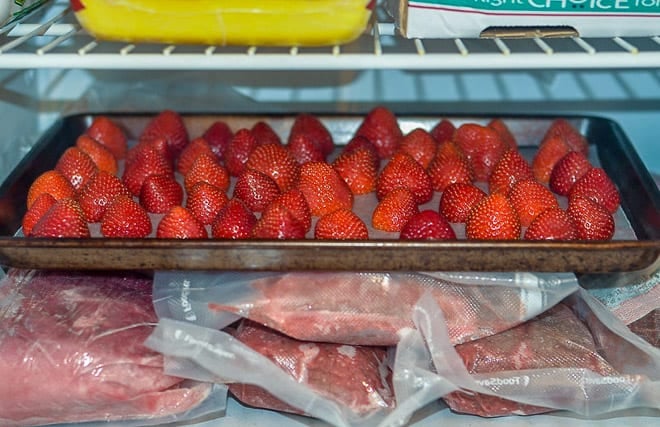 The baking sheet full of strawberries is placed into the freezer. The final step in the flash freezing process.