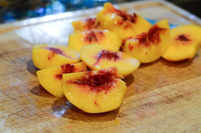 Fresh peaches are pitted.