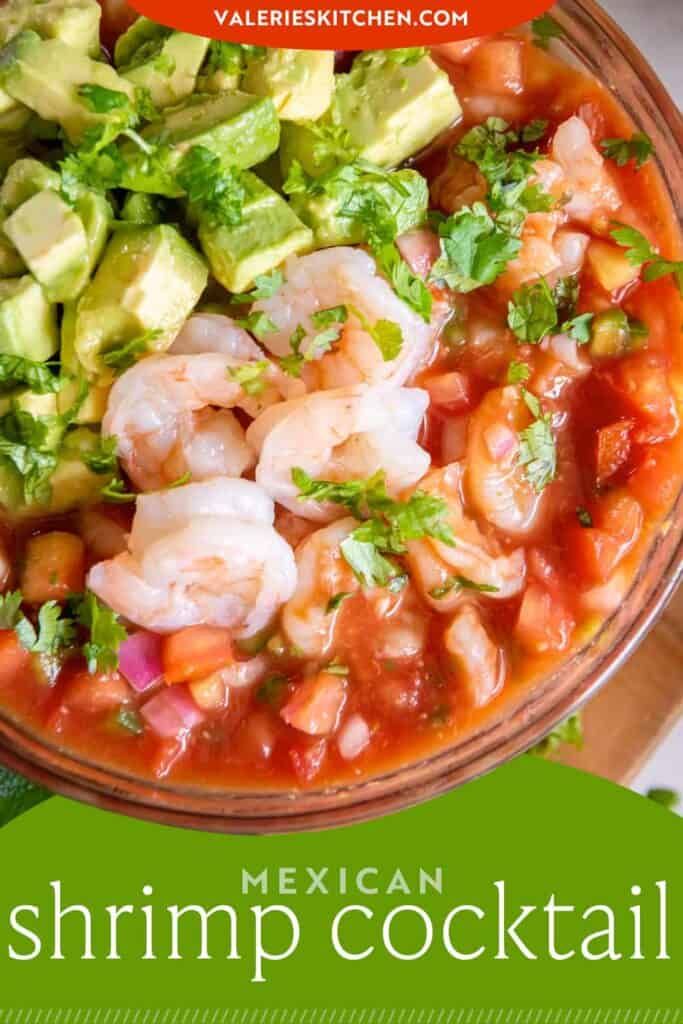 Mexican shrimp cocktail with avocado in a bowl with text overlay.