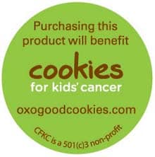 "Purchasing this product will benefit Cookies for kids' cancer"  oxogoodcookies.com.