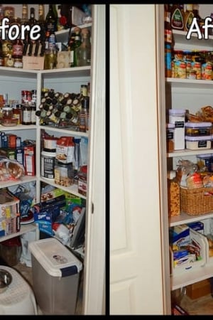 Before and after pictures of a messy pantry and a clean and organized pantry.