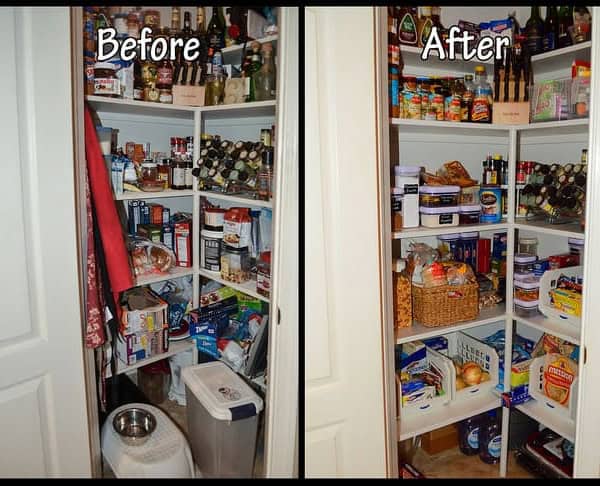 Before and after pictures of a messy pantry and a clean and organized pantry.