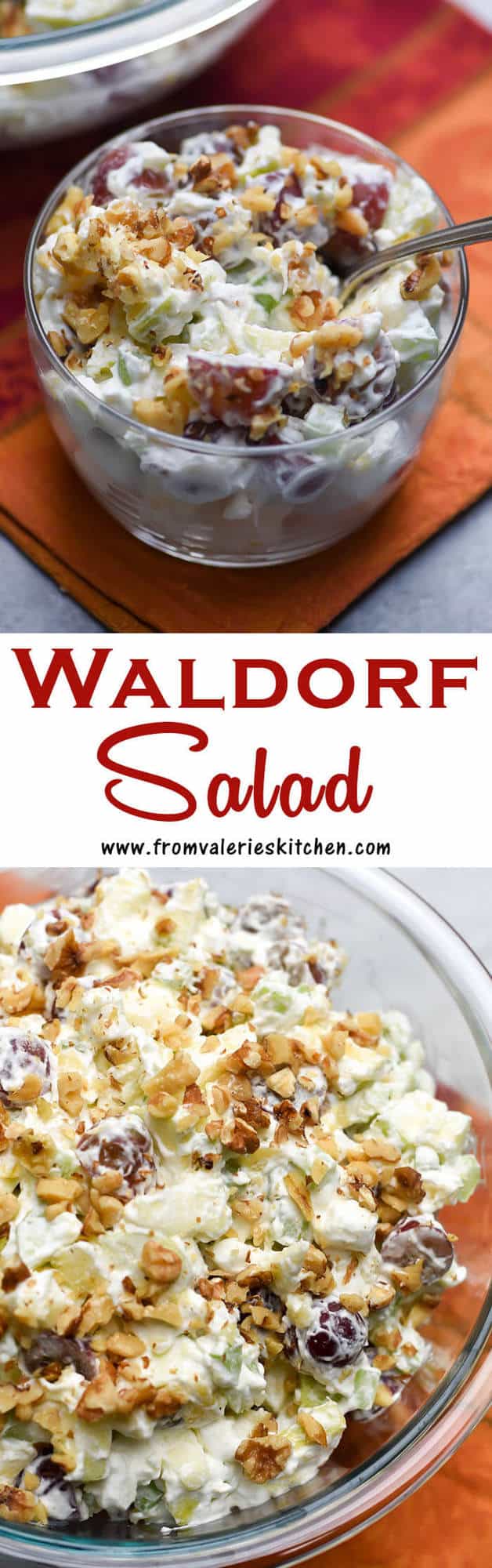 un colaj vertical cu două imagini de salată Waldorf cu suprapunere de text.