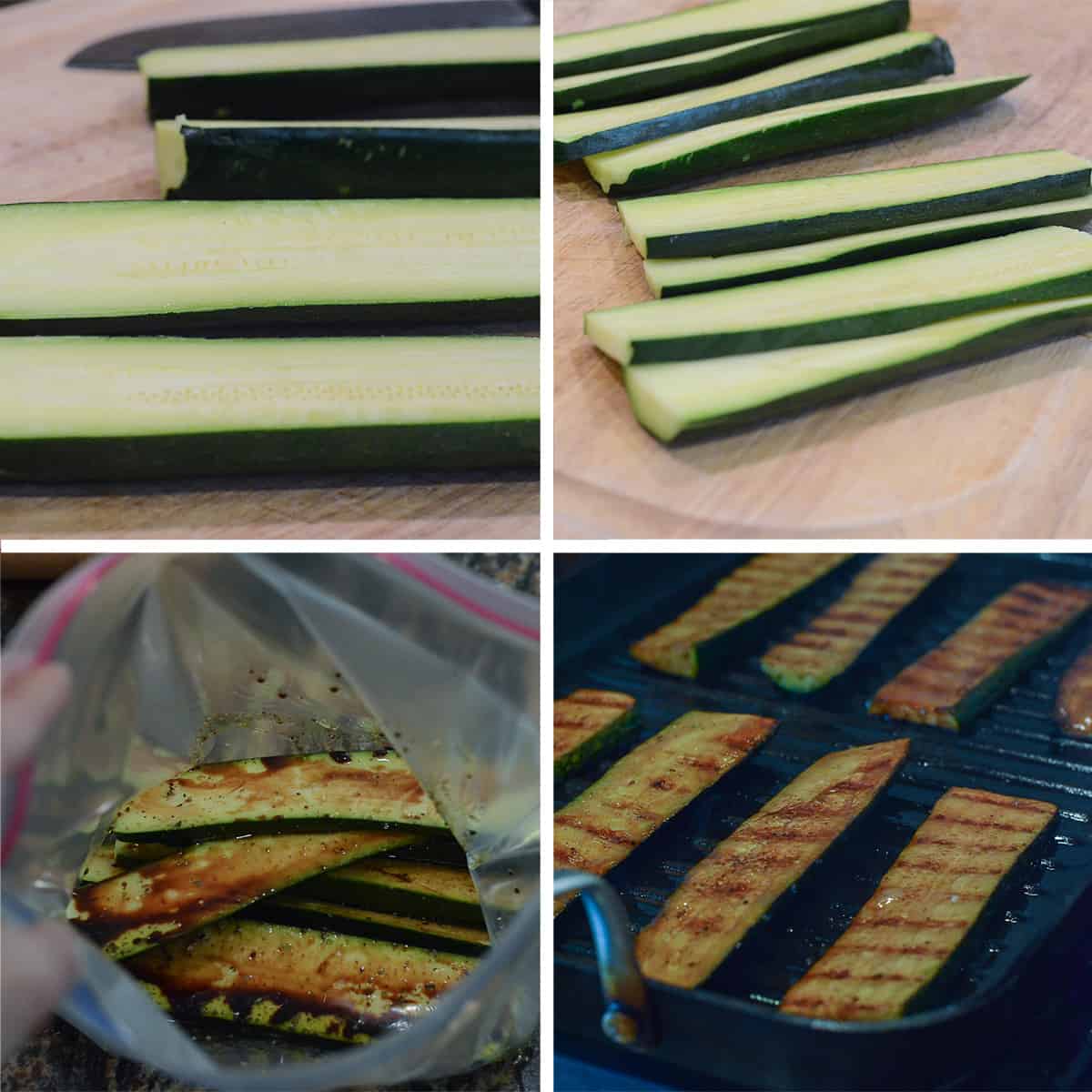 Zucchini is sliced, marinated and grilled.