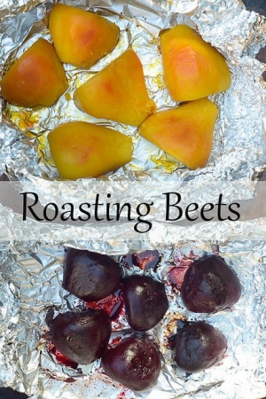 Yellow and red roasted beets on top of foil.