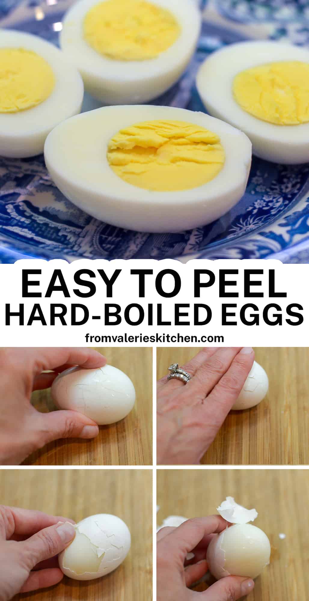 Five images of hard boiled eggs with overlay text.