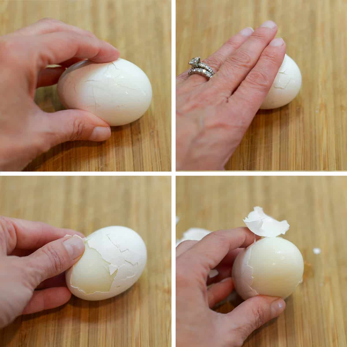 An egg is cracked on a cutting board and peeled.