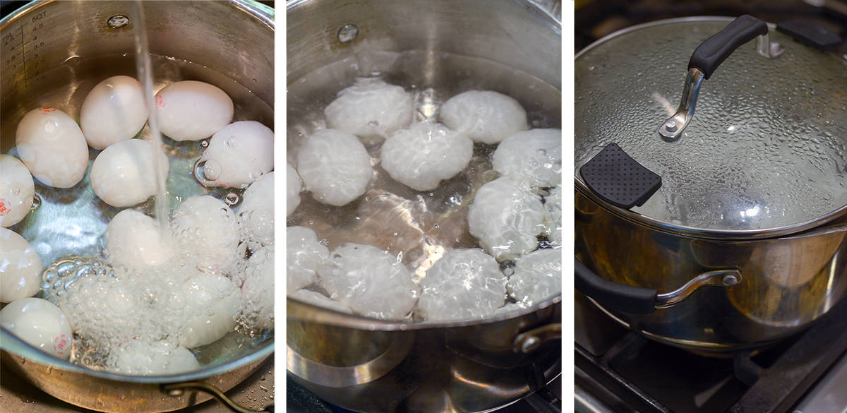 Eggs in a pot of boiling water are covered with a lid.