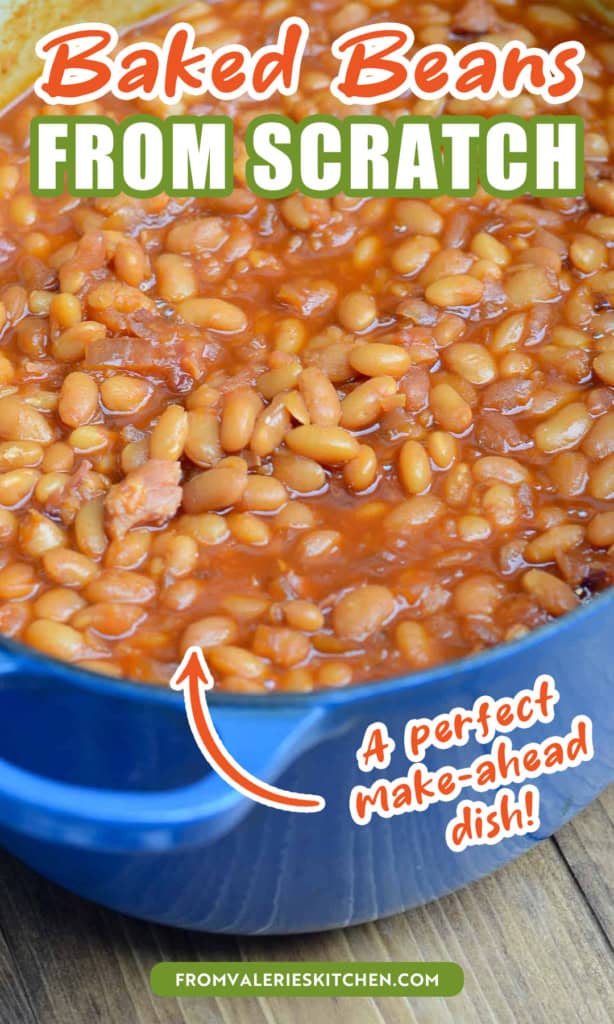 A pot of baked beans with text overlay.
