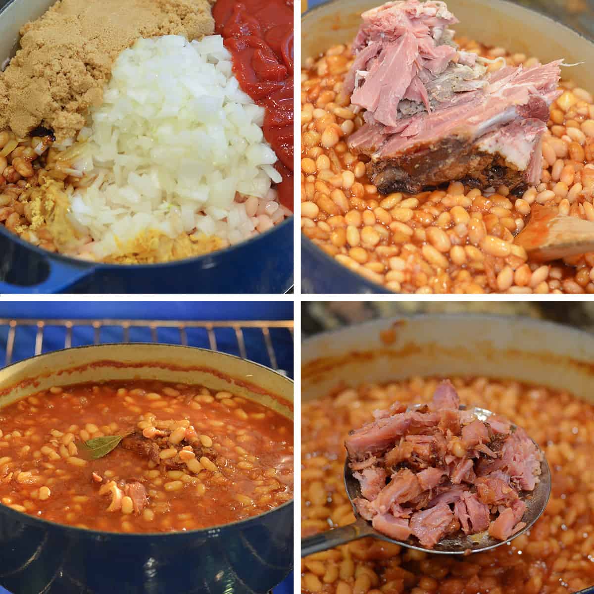 Four images showing baked bean ingredients in a pot before and after cooking and pieces of ham being added to the beans.