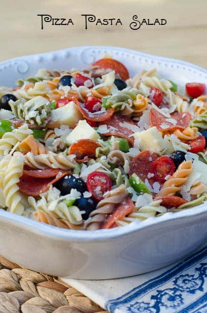 Pizza Pasta Salad in a white serving bowl with text overlay.